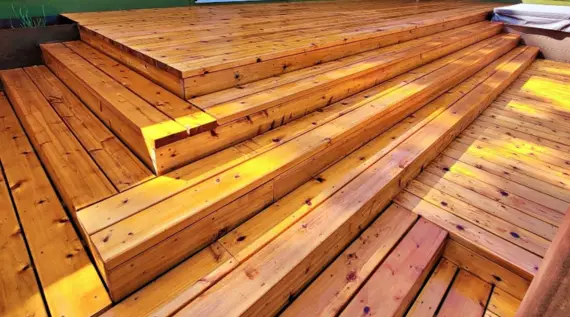 Freshly stained deck with even wood grain