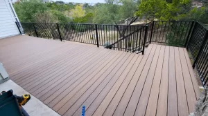 New wood patio deck with railings